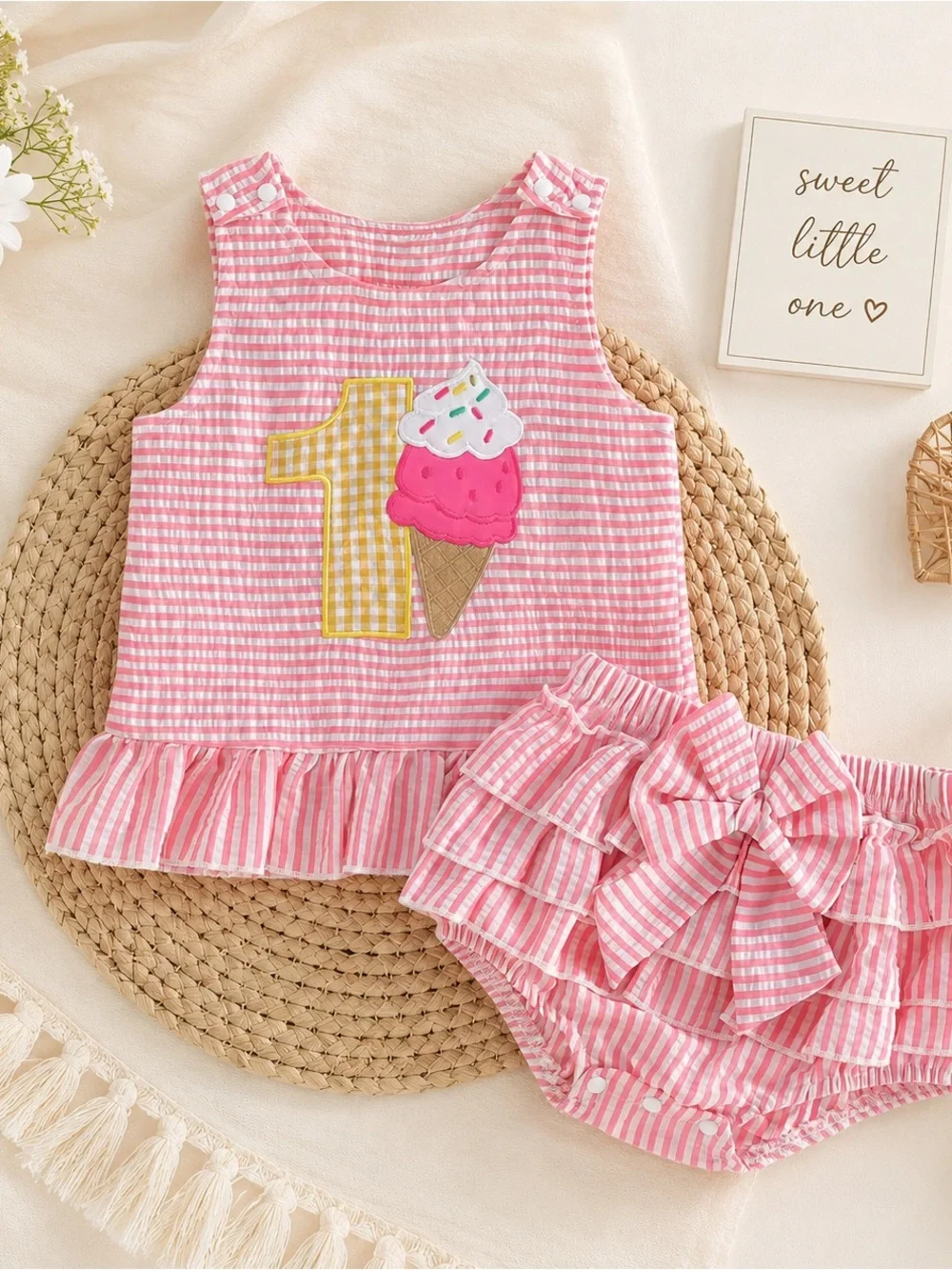 Pink Seersucker Ice Cream 1st Birthday Ruffle Top & Bloomers Set